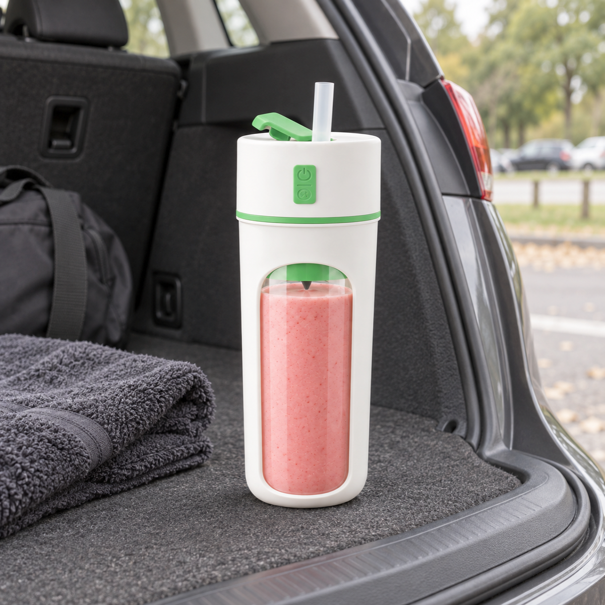 Portable blender cup with green trim standing in the open back of a car, full of pink smoothie with a straw in its lid