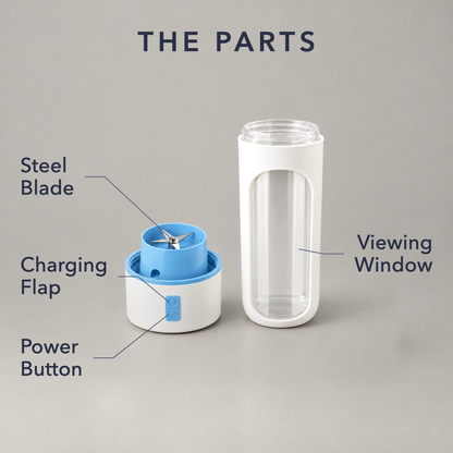The two parts of the portable blender cup labelled: the blue cap upside down showing its stainless steel blade, power button and charging flap, beside the white cup and its viewing window
