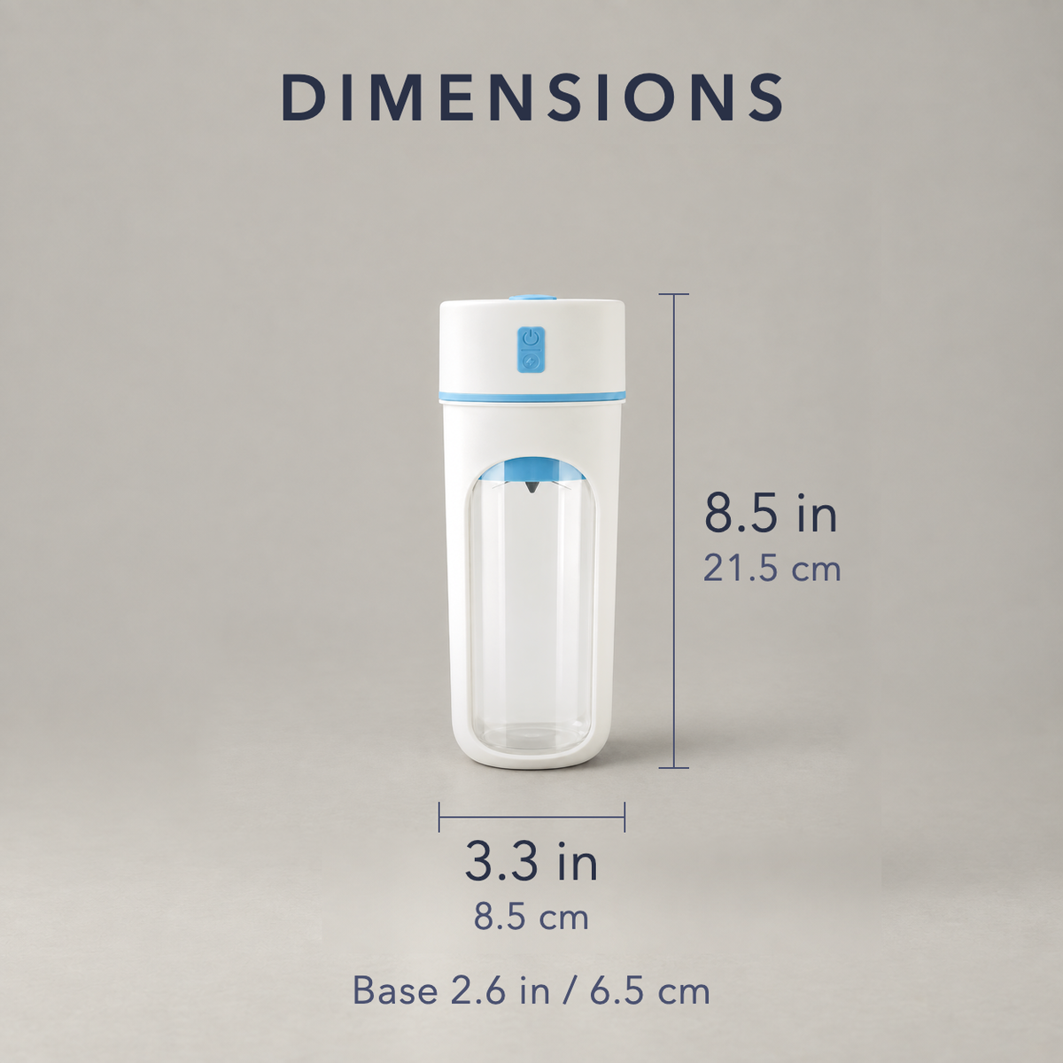 Dimensions of the portable blender cup: 8.5 inches tall and 3.3 inches across the cap, with a 2.6 inch base