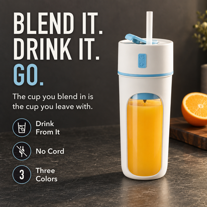 Portable blender cup with blue trim full of orange juice with a straw in its lid, on a dark kitchen counter, with the words Blend It. Drink It. Go.