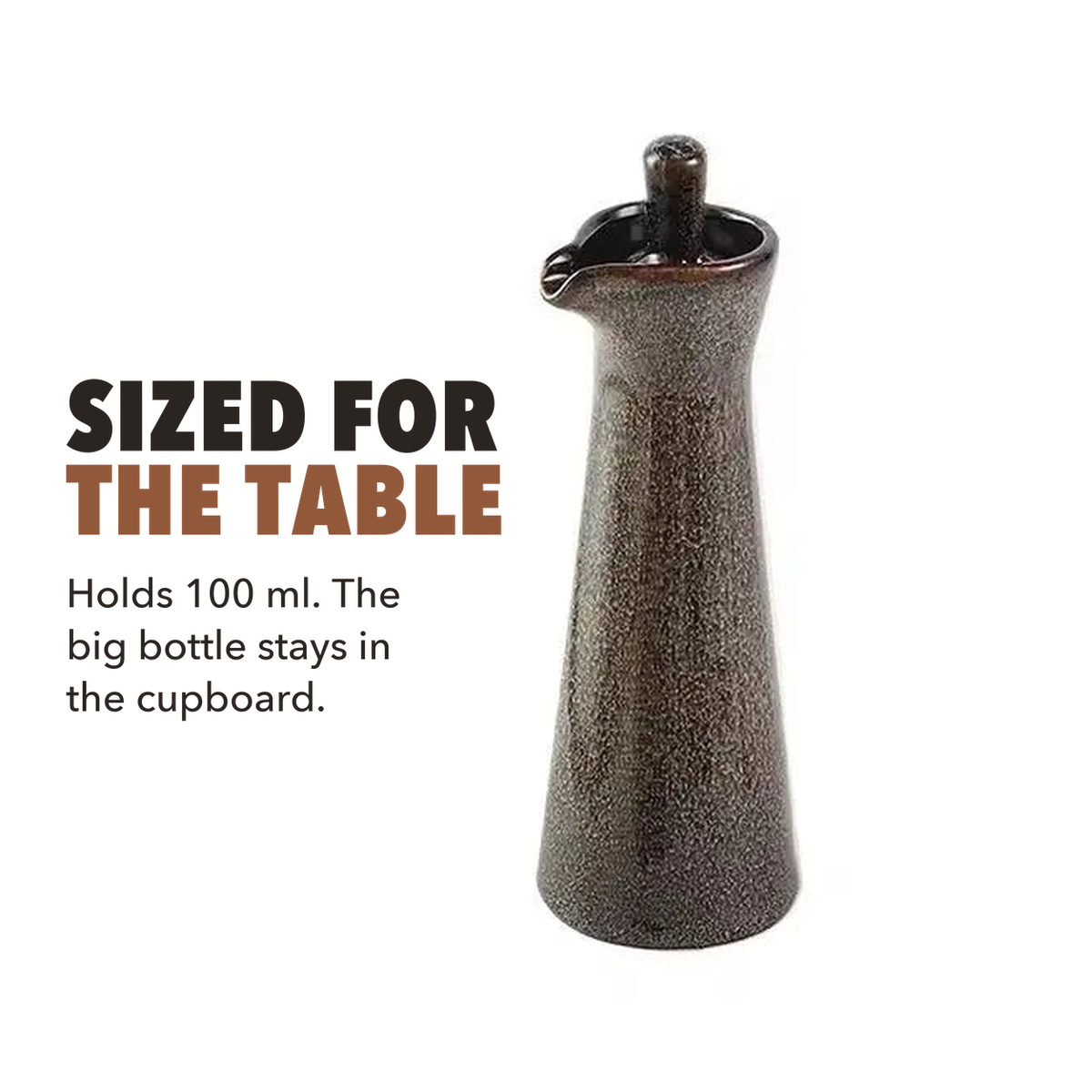 Brown speckled ceramic oil dispenser on a white background, lettered sized for the table, holds 100 ml