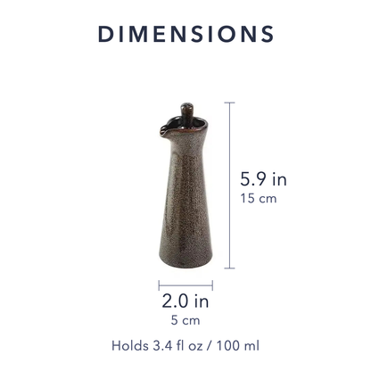 Dimensions of the ceramic oil dispenser: 5.9 inches tall with the stopper in and 2 inches across the base, holding 3.4 fl oz