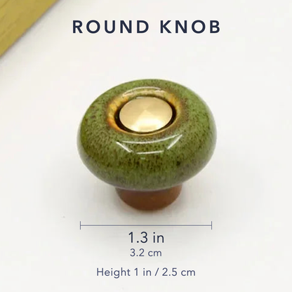 Dimensions of the round ceramic cabinet knob: 1.3 inches across, 1 inch tall