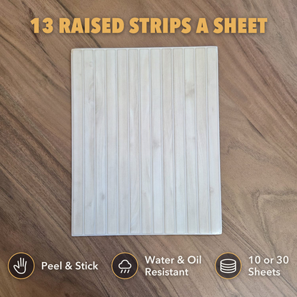 One peel and stick tile sheet with thirteen raised wood grain strips lying on a walnut table, captioned 13 raised strips a sheet, peel and stick, water and oil resistant, 10 or 30 sheets