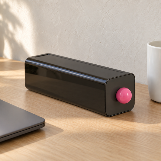 Black stackable desktop storage drawer with a pink ball knob on a light oak desk beside a laptop
