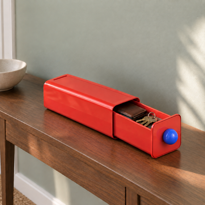 Red stackable storage drawer with a blue ball knob on a hallway console, drawer open with keys inside
