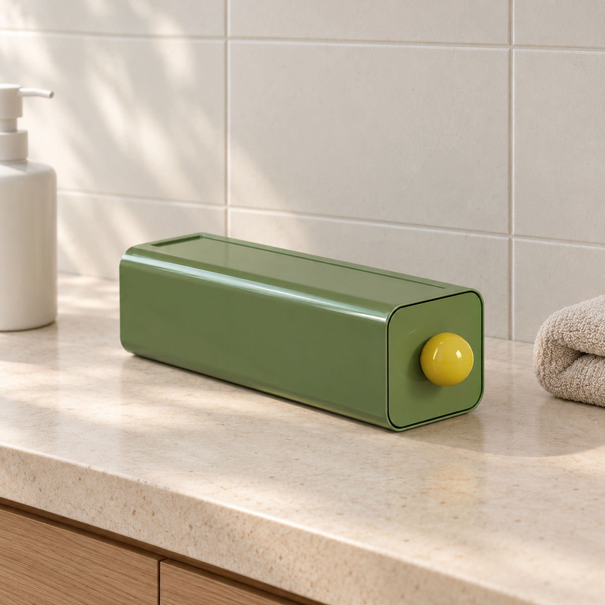 Green stackable storage drawer with a yellow ball knob on a pale stone bathroom vanity