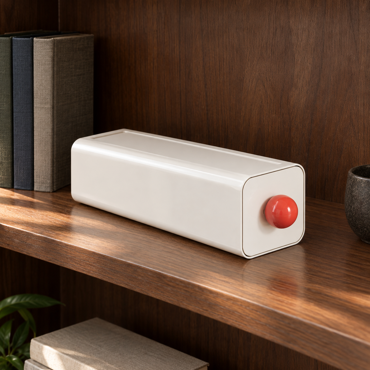 White stackable storage drawer with a red ball knob on a dark walnut bookshelf