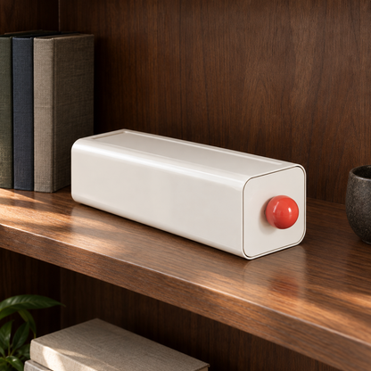 White stackable storage drawer with a red ball knob on a dark walnut bookshelf