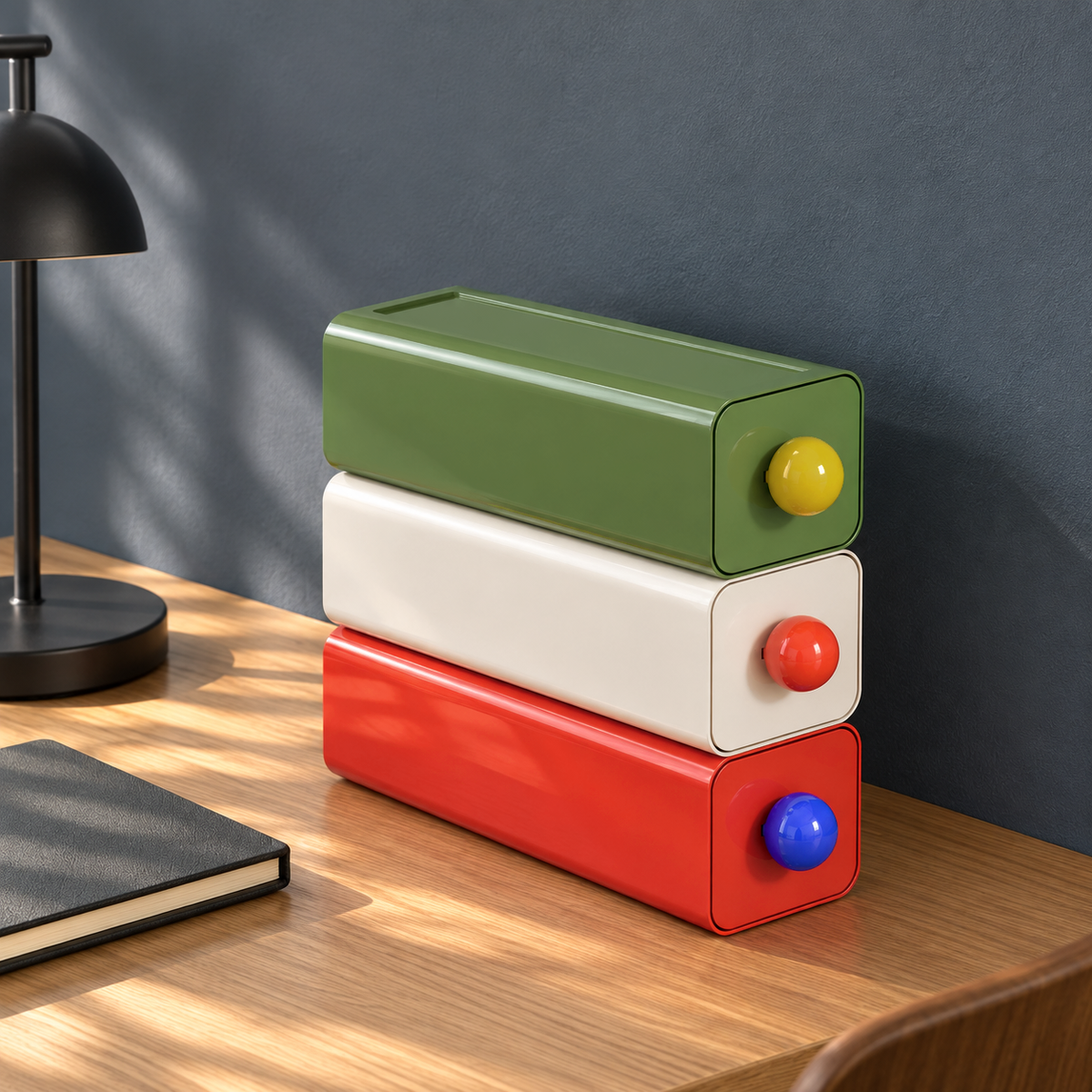 Set of three stackable storage drawers in green, white and red stacked in a column on an oak desk