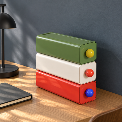 Set of three stackable storage drawers in green, white and red stacked in a column on an oak desk