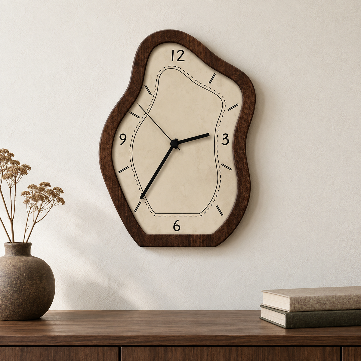 Wall clock with a wavy wood-grain frame and a cream face, hanging above a walnut sideboard in a living room