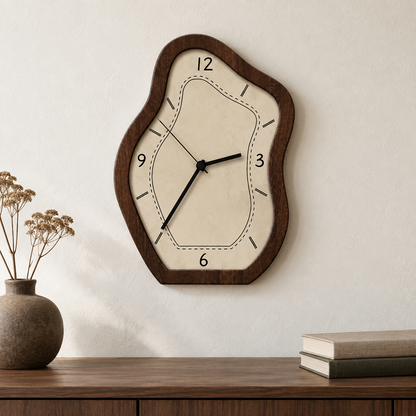 Wall clock with a wavy wood-grain frame and a cream face, hanging above a walnut sideboard in a living room