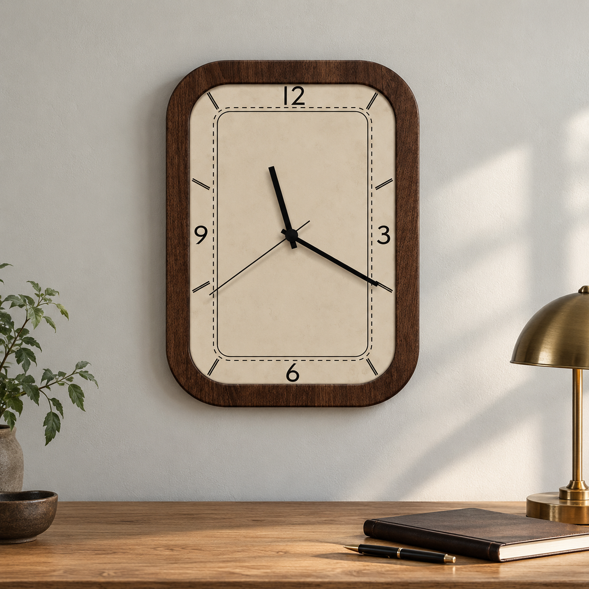 Rectangular wall clock with rounded corners, a wood-grain frame and a cream face, hanging above an oak desk in a home study