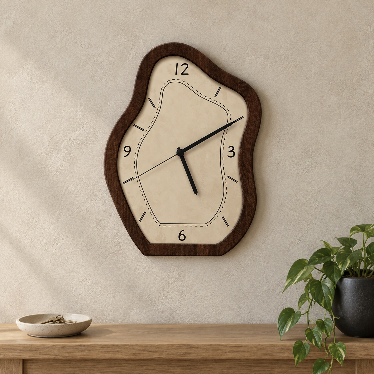 Wavy wall clock with a wood-grain frame and a cream face, hanging centred on a hallway wall above an oak console