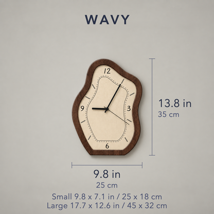 Wavy clock dimensions: medium 13.8 in tall and 9.8 in wide (35 x 25 cm); small 9.8 x 7.1 in (25 x 18 cm); large 17.7 x 12.6 in (45 x 32 cm)
