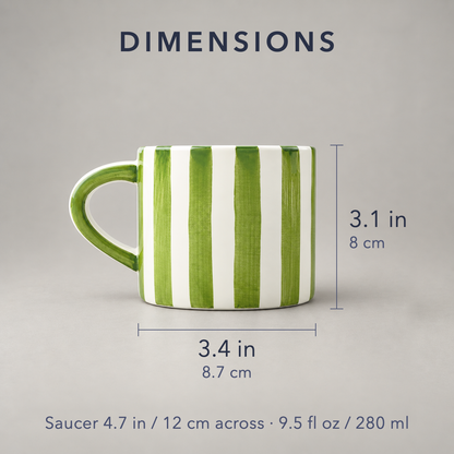 Dimensions: the cup is 3.4 inches (8.7 cm) across and 3.1 inches (8 cm) tall; saucer 4.7 inches (12 cm) across; 9.5 fl oz (280 ml)