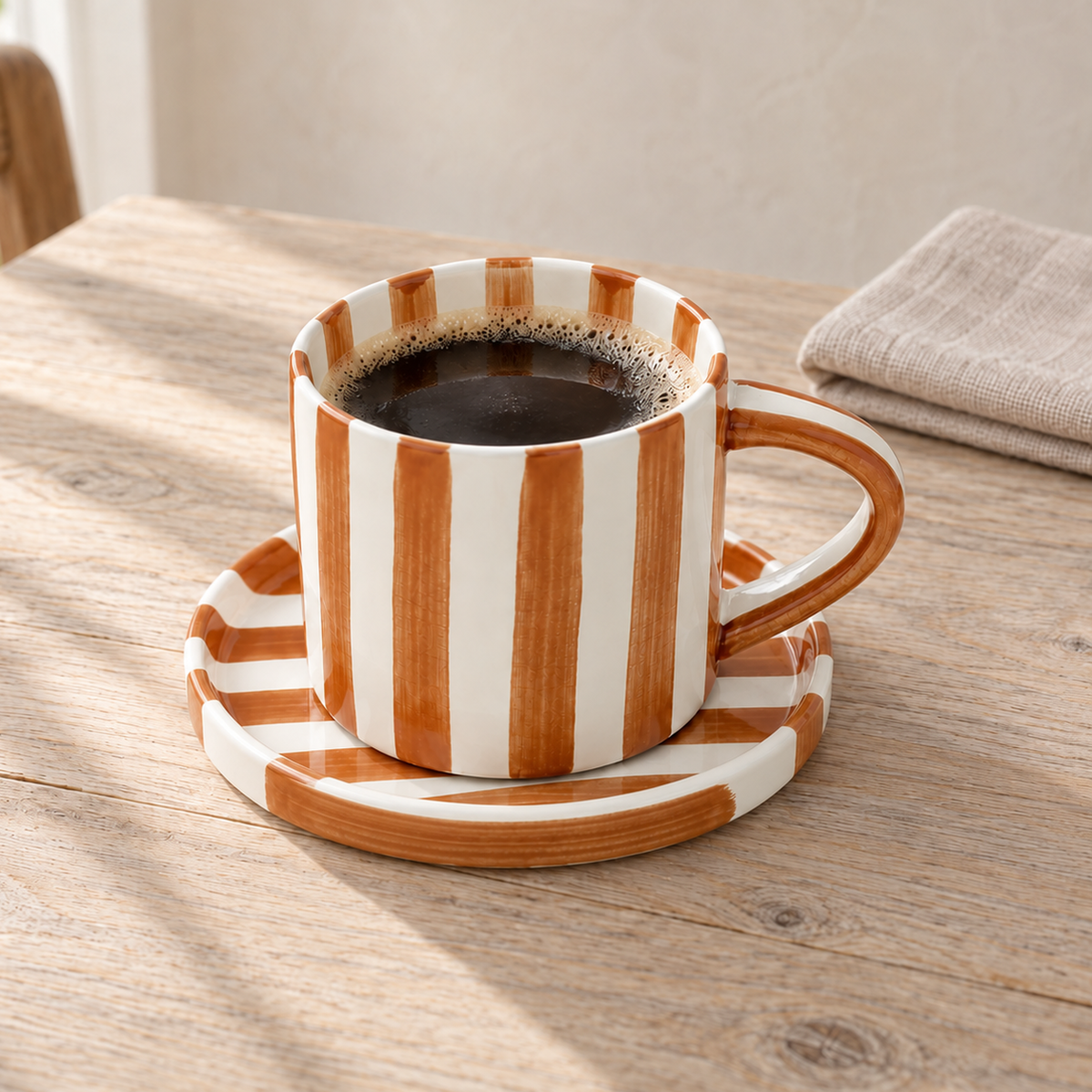 Caramel brown striped ceramic cup and saucer with black coffee on an oak dining table