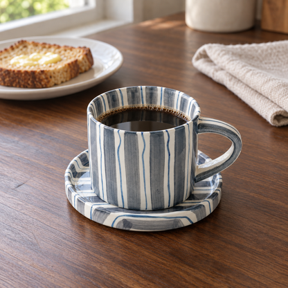 Striped ceramic cup and saucer in slate blue with thin blue lines, holding black coffee on a walnut kitchen table