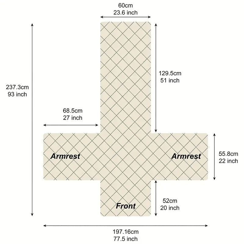 Measurement diagram of the one-piece recliner slipcover laid flat, 93 by 77.5 inches, with the arm covers and front section marked