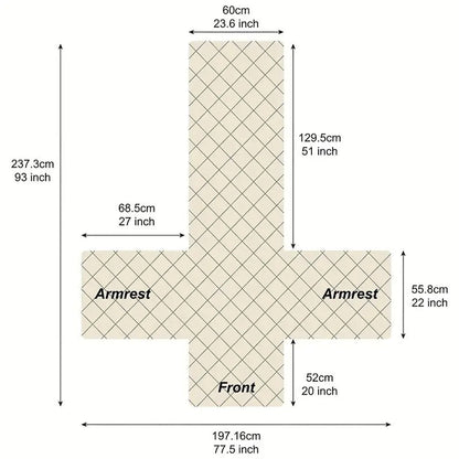 Measurement diagram of the one-piece recliner slipcover laid flat, 93 by 77.5 inches, with the arm covers and front section marked