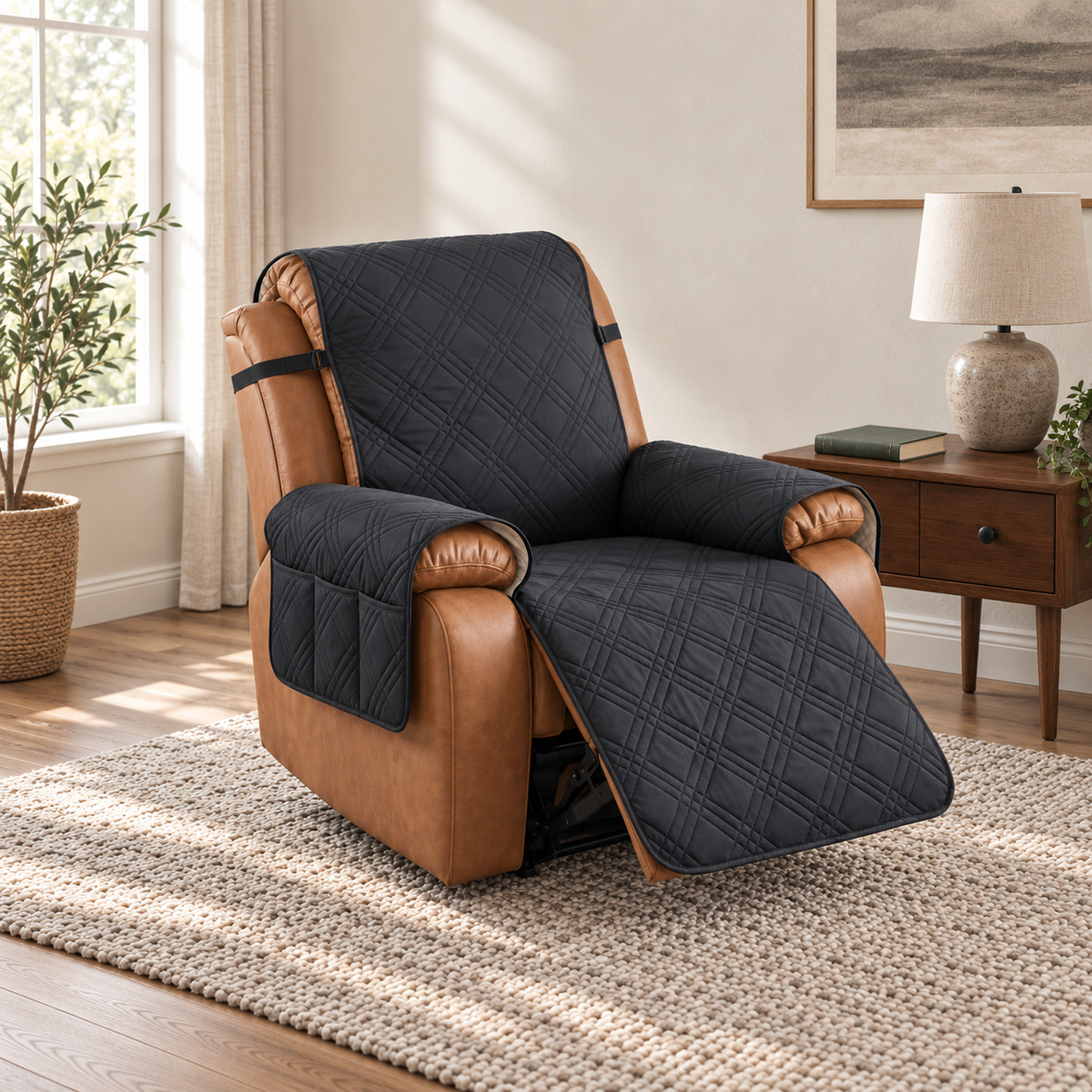 Black quilted recliner slipcover with a three-compartment arm pocket on a tan leather recliner with the footrest out, in a daylit living room