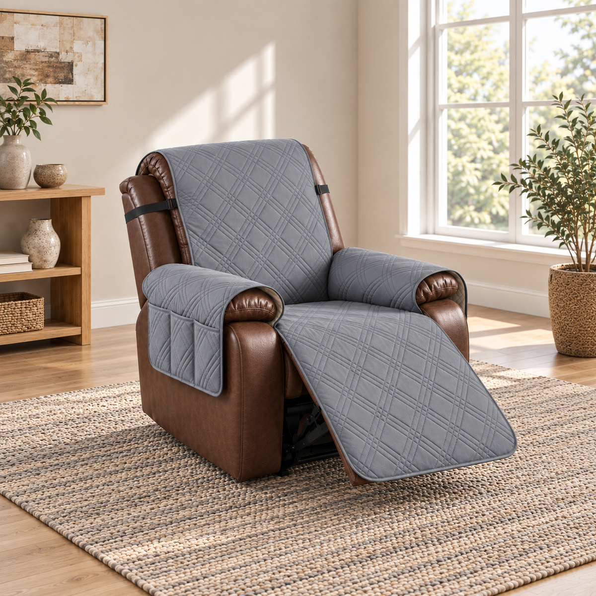 Gray quilted recliner slipcover with a three-compartment arm pocket on a brown leather recliner, footrest out, in a bright family room