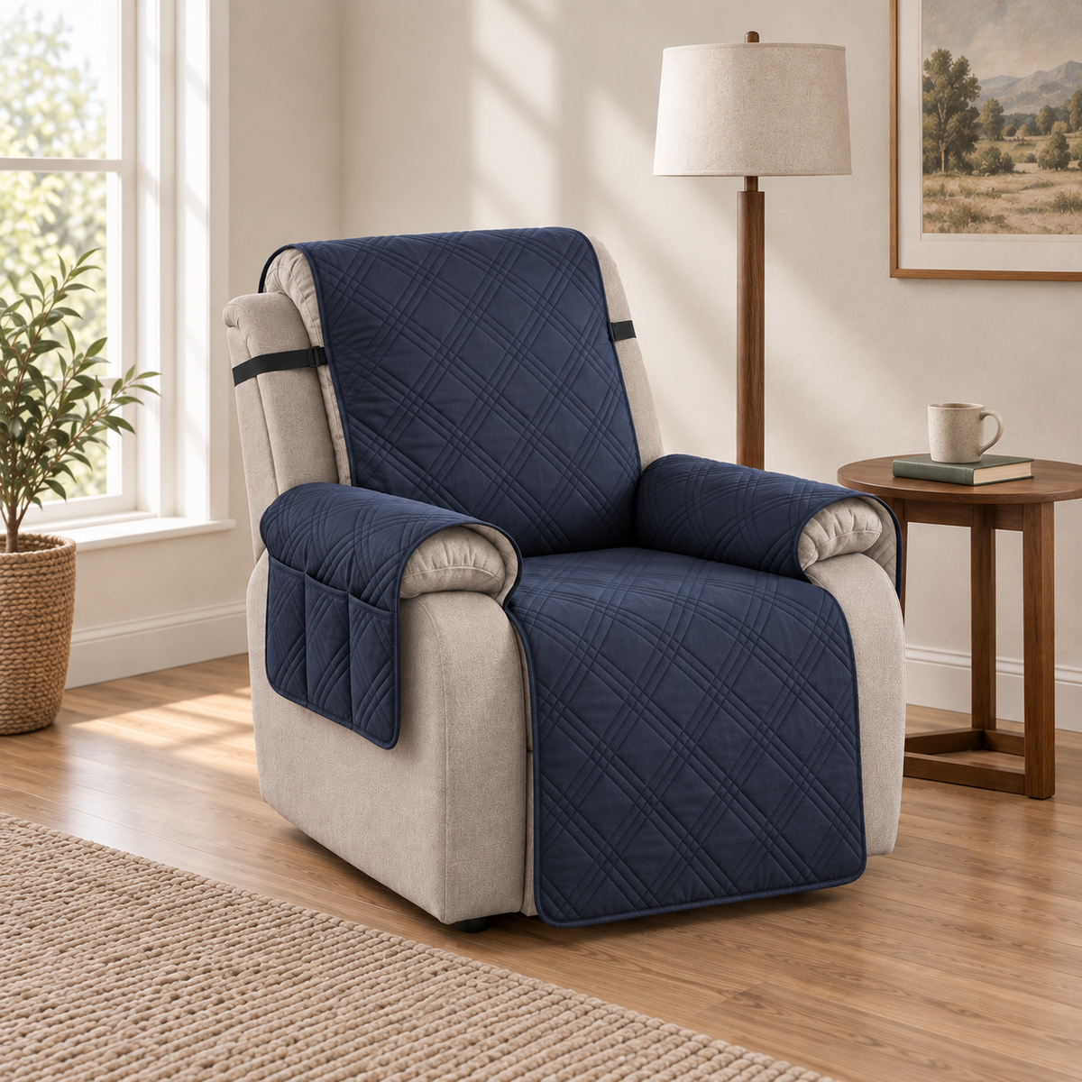 Navy quilted recliner slipcover with a three-compartment arm pocket on an upright stone fabric recliner in a daylit reading corner