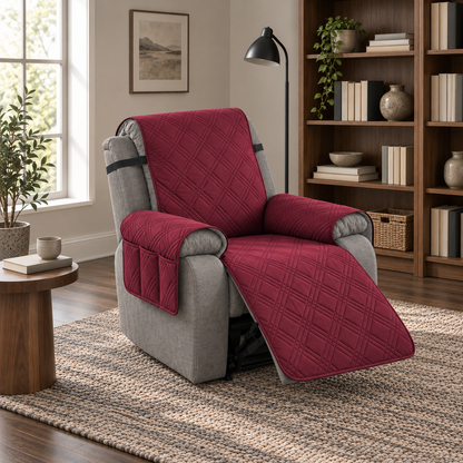Burgundy quilted recliner slipcover with a three-compartment arm pocket on a grey recliner, footrest out, in a study with bookshelves