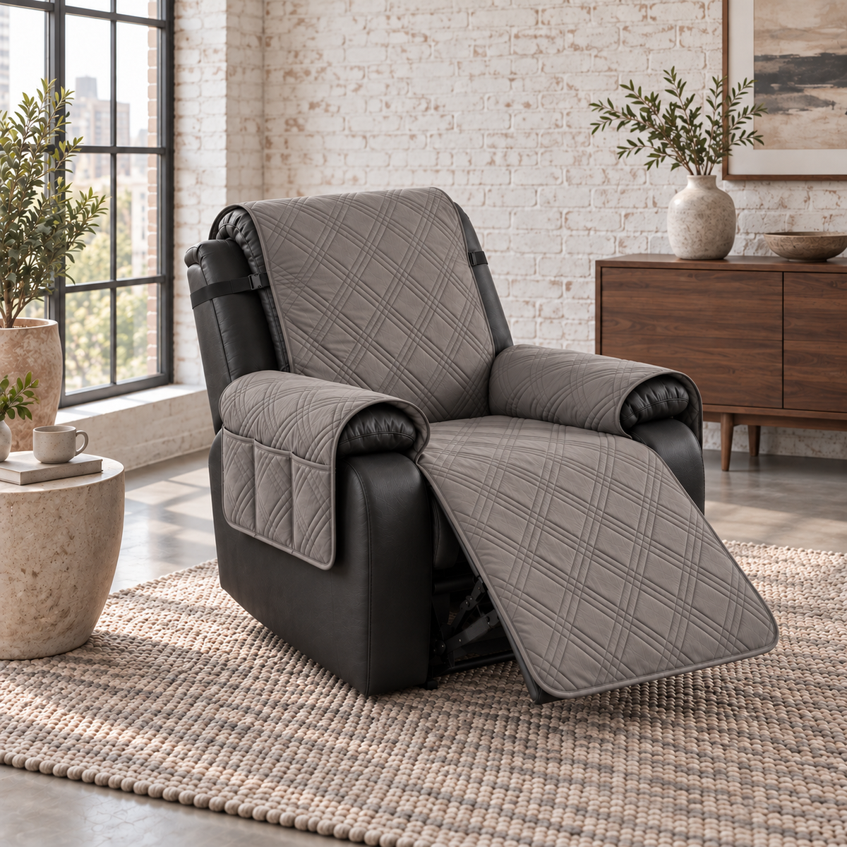 Taupe quilted recliner slipcover with a three-compartment arm pocket on a black leather recliner, footrest out, in a brick-walled loft