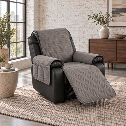 Taupe quilted recliner slipcover with a three-compartment arm pocket on a black leather recliner, footrest out, in a brick-walled loft