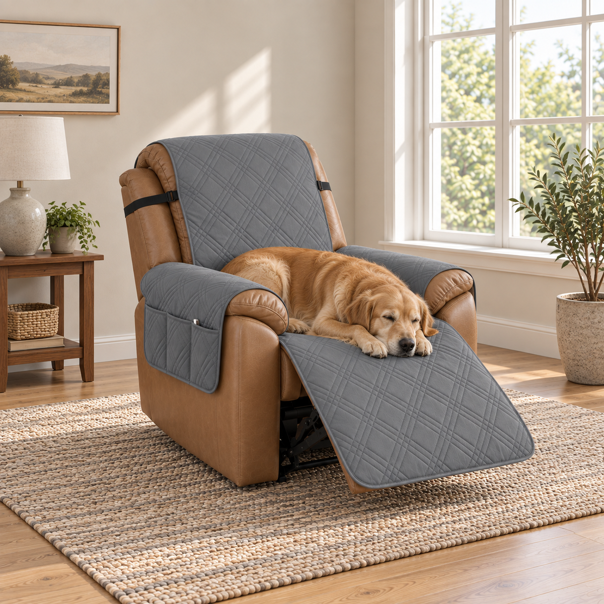 Gray quilted recliner slipcover with a three-compartment arm pocket, a dog asleep on the seat and footrest in a daylit living room