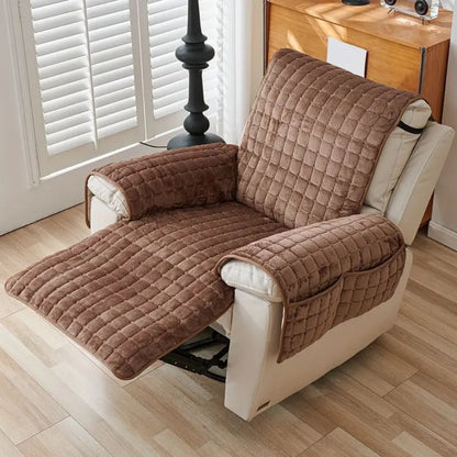 Brown quilted recliner cover on a reclined chair with the footrest raised and covered