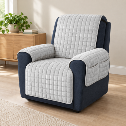 Gray grid quilted recliner cover on a navy fabric recliner in a bright living room