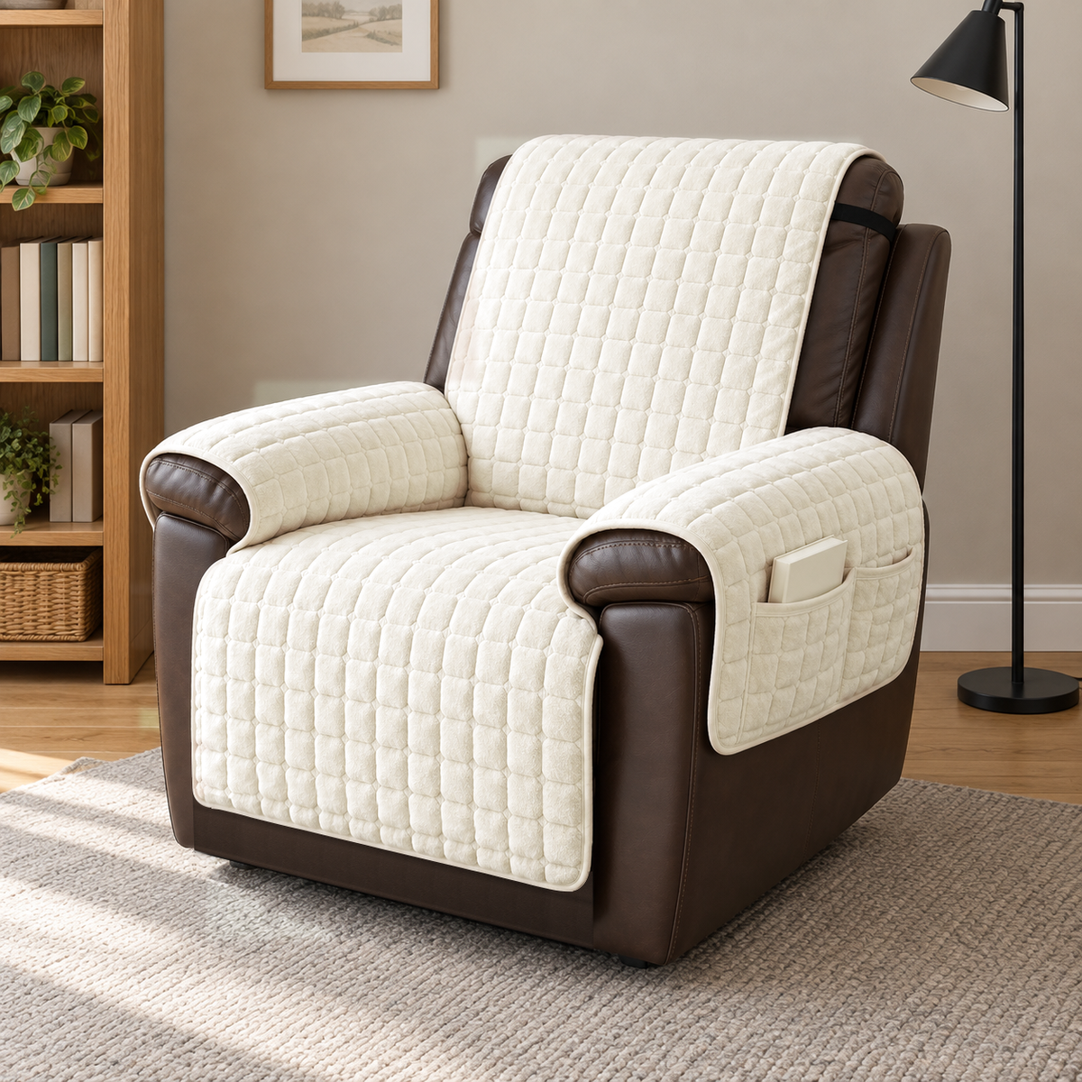 Beige grid quilted recliner cover on a dark brown leather recliner in a reading corner, with a book in the arm pocket