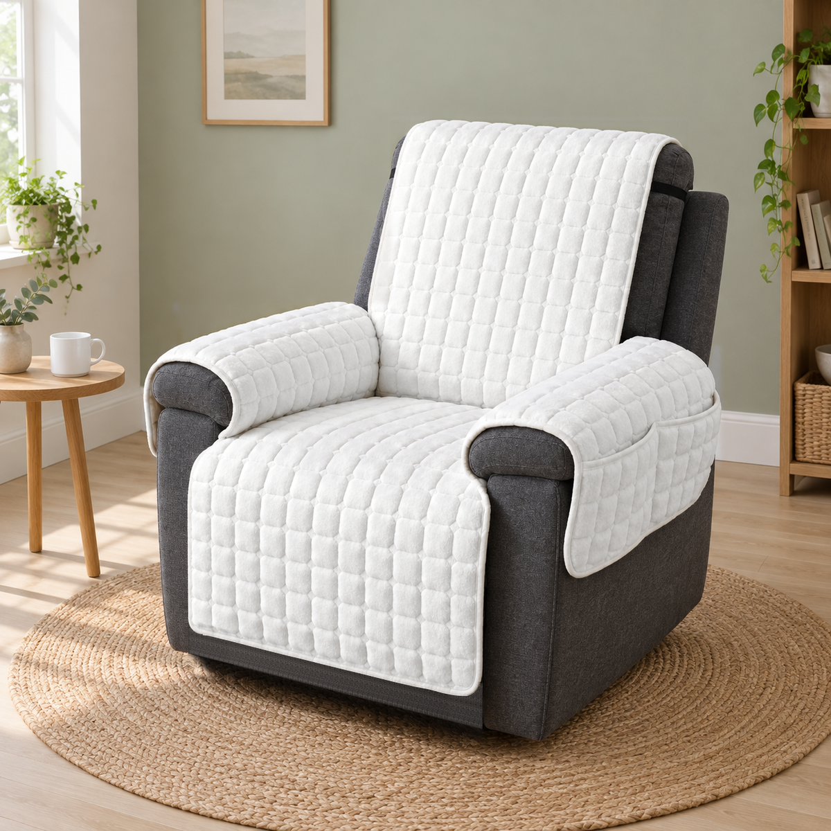 White grid quilted recliner cover on a charcoal fabric recliner against a sage green wall