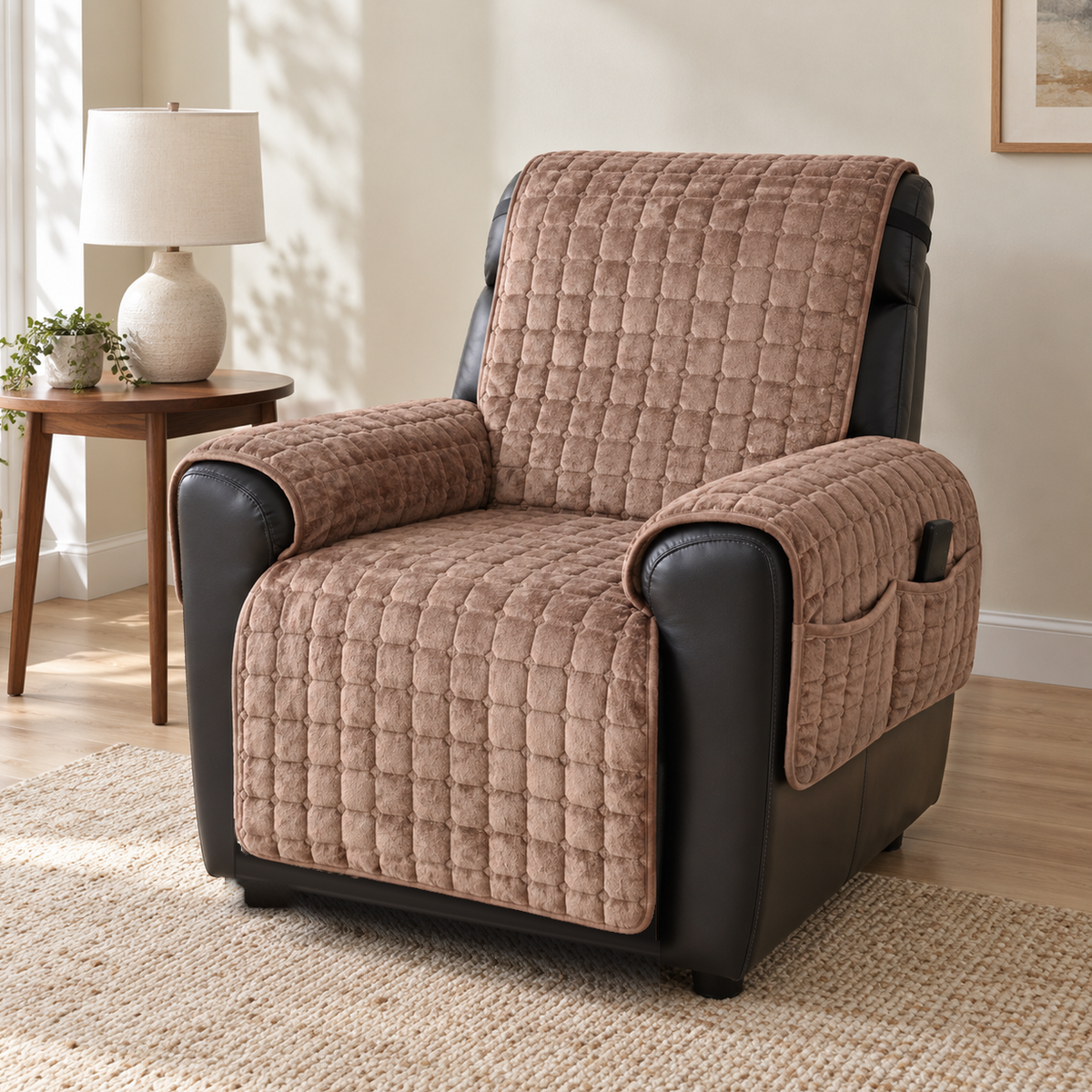 Brown grid quilted recliner cover on a black leather recliner in a daylight den, with a remote in the arm pocket