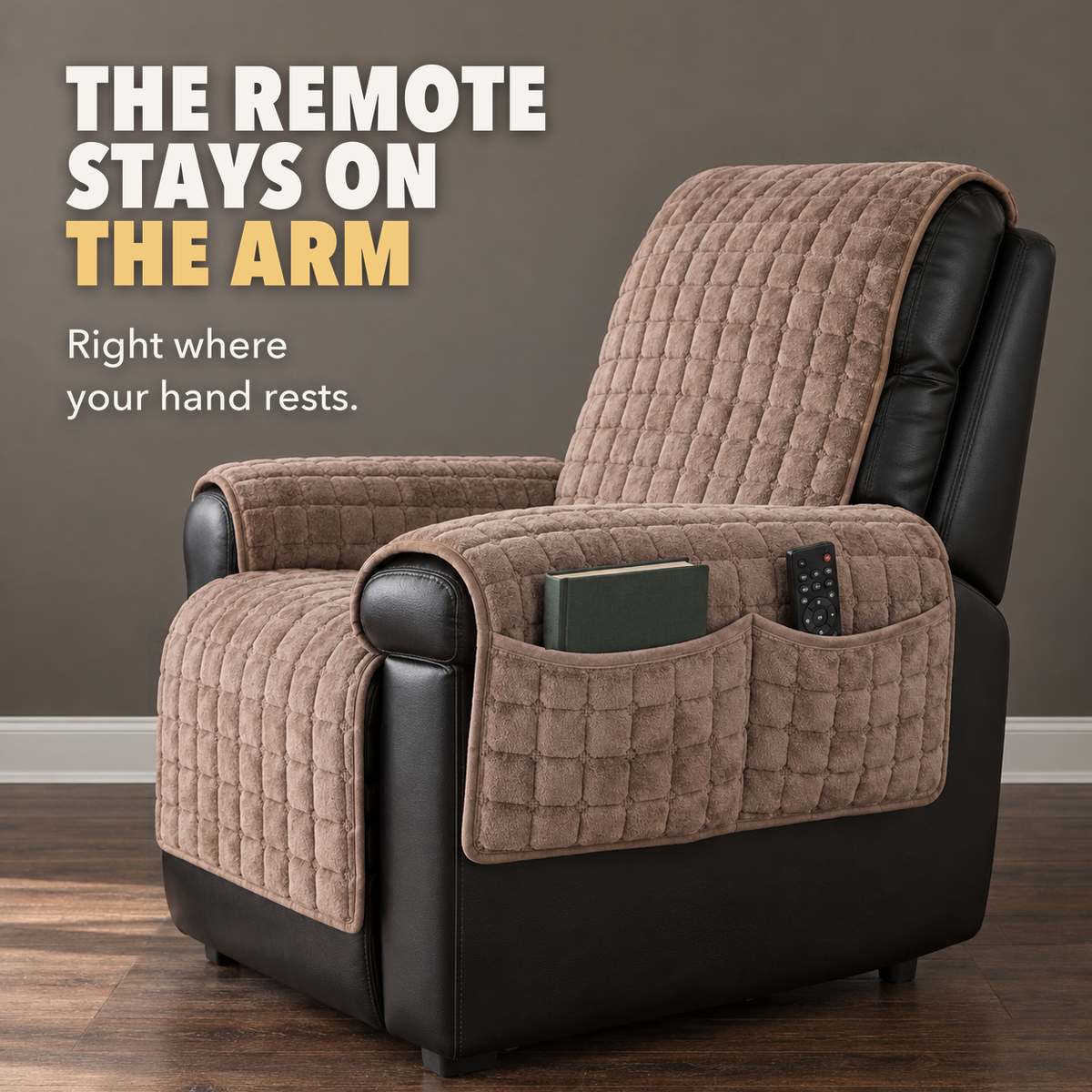 Brown recliner arm cover with a two-compartment pocket holding a book and a remote, with the words The remote stays on the arm