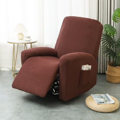 Brown stretch jacquard recliner cover fitted over the backrest, arms, seat and footrest of a recliner