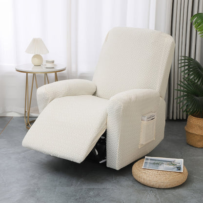 Cream stretch jacquard recliner cover with a raised basketweave pattern on a recliner with the footrest up