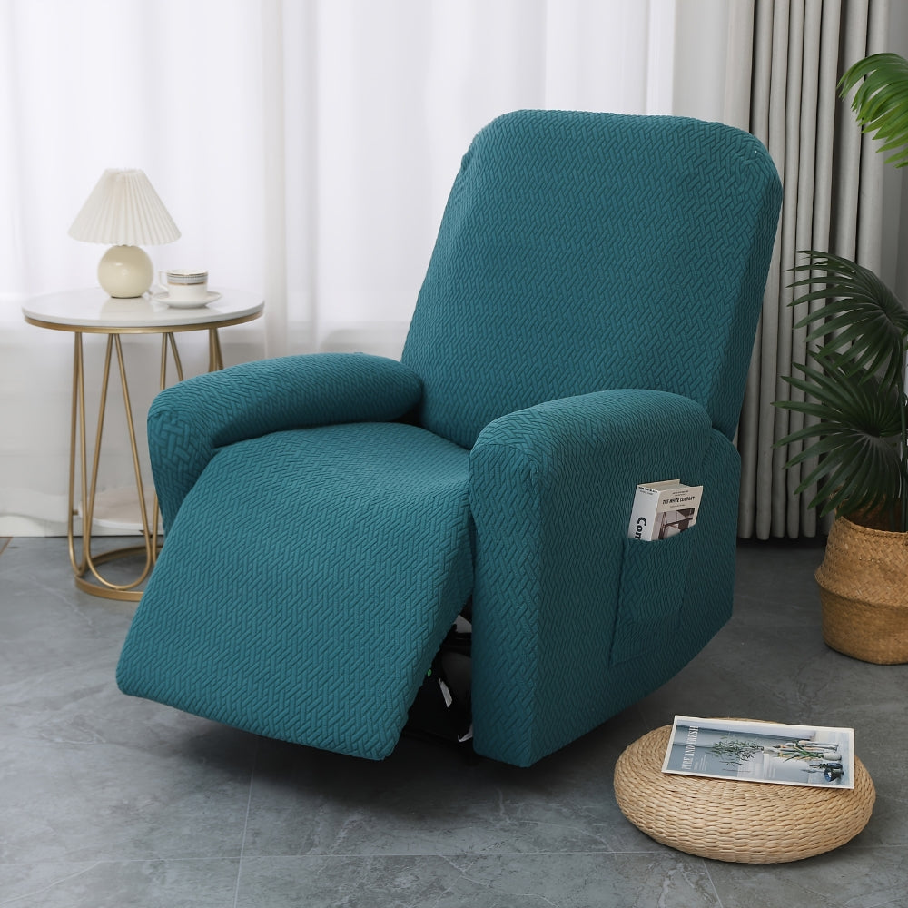 Teal stretch jacquard recliner cover fitted over a single recliner with the footrest raised