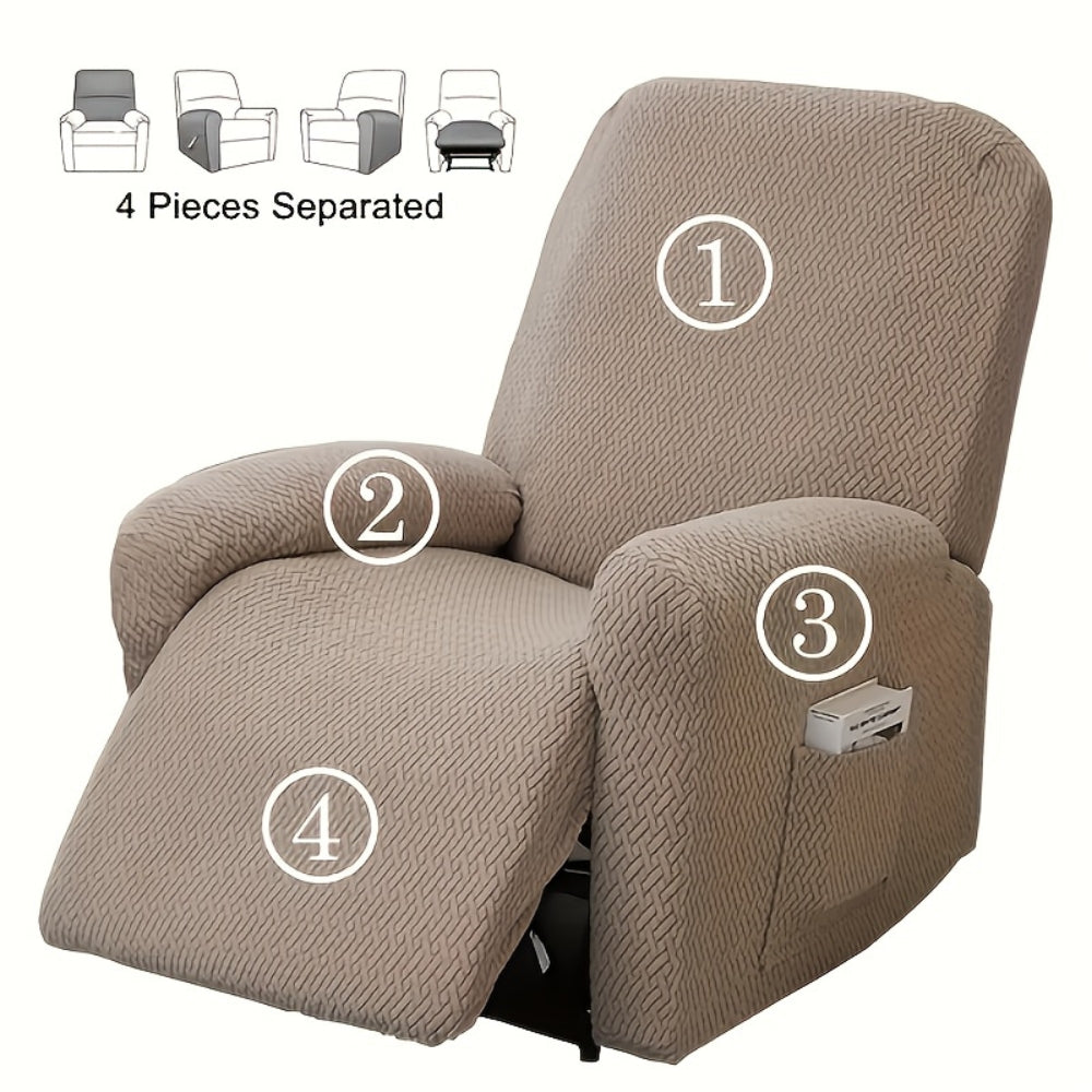 Taupe recliner cover with its four separate pieces numbered: backrest, right arm, left arm with pocket, and seat with footrest