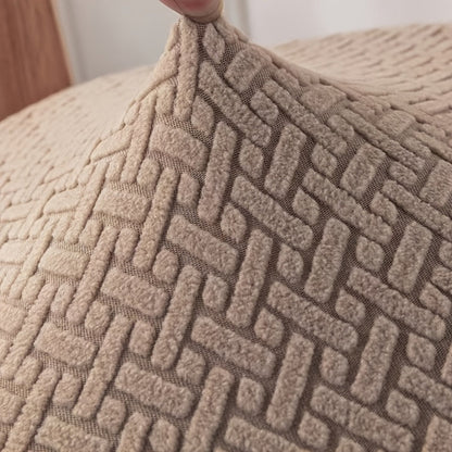 Close-up of the taupe jacquard knit, raised soft pile bars in a basketweave on a fine stretch mesh