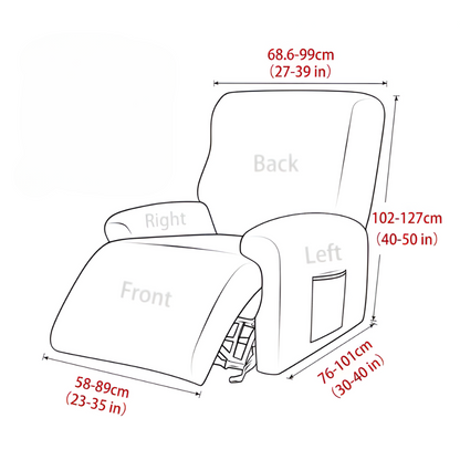 Fit guide for the recliner cover: fits chairs 40 to 50 inches tall, backrest 27 to 39 inches wide, 30 to 40 inches deep, footrest 23 to 35 inches wide