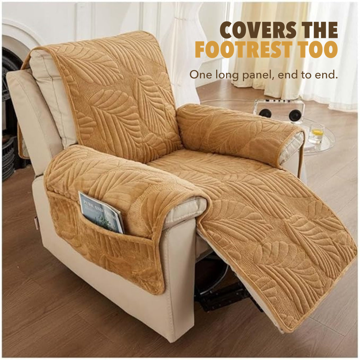 Card reading covers the footrest too, over a camel leaf quilted recliner cover on a reclined chair
