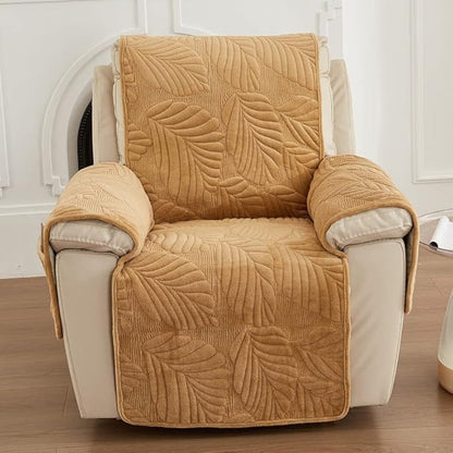 Camel leaf quilted recliner cover seen straight on, with a cover over each arm