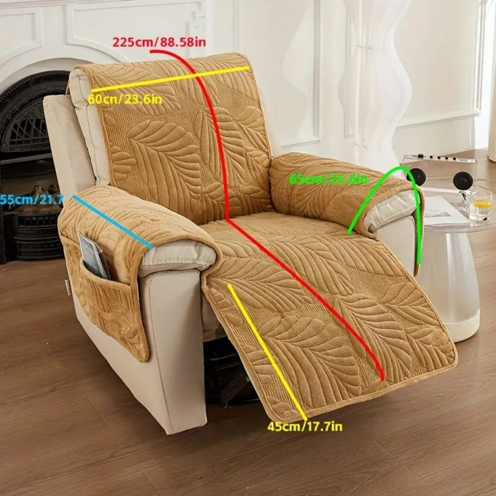 Camel leaf quilted recliner cover with measurement lines showing 225 cm length, 60 cm and 45 cm widths and 55 by 65 cm arm covers