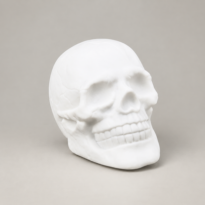 White skull night light switched off, three-quarter view on a plain grey background