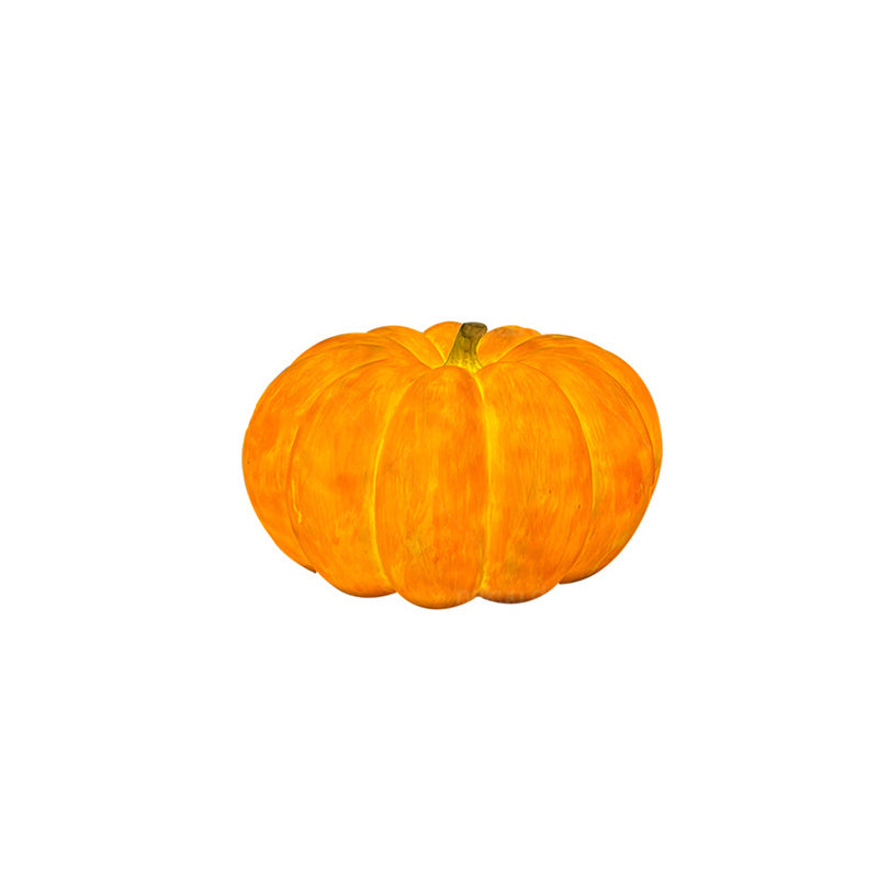 Solar pumpkin light with a ribbed orange resin shell and green stem on a white background