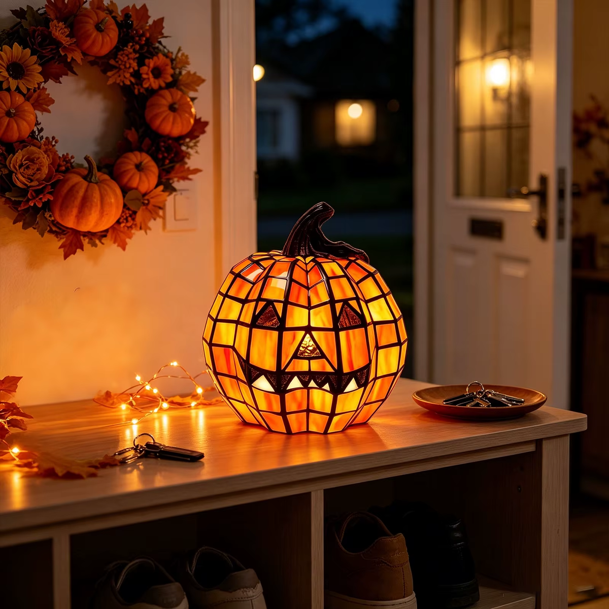Mosaic pumpkin lamp glowing on a hallway bench by the front door at dusk, beside an autumn wreath and a set of keys